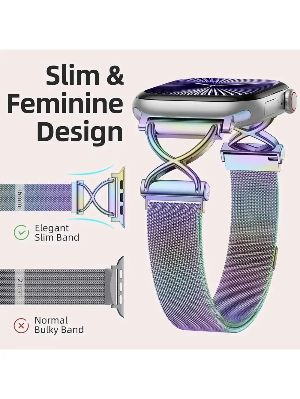 Slim and Feminine Rainbow Stainless Steel Mesh Watch Band for Smartwatch